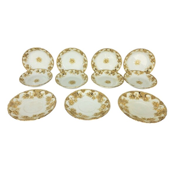 Antique 1895-1900 Upper Hanley "Victoria" Gold Gilded 8 Berry Plates 3 Saucers - Picture 1 of 13